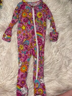Girls Pink Floral & Rainbow Zip-Front Footed One-Piece Pajamas